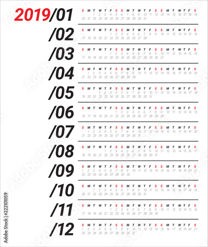 Year 2019 calendar vector design template