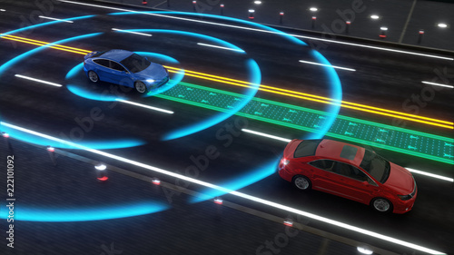 Autonomous self driving electric car change the lane and overtakes city vehicle 3d rendering