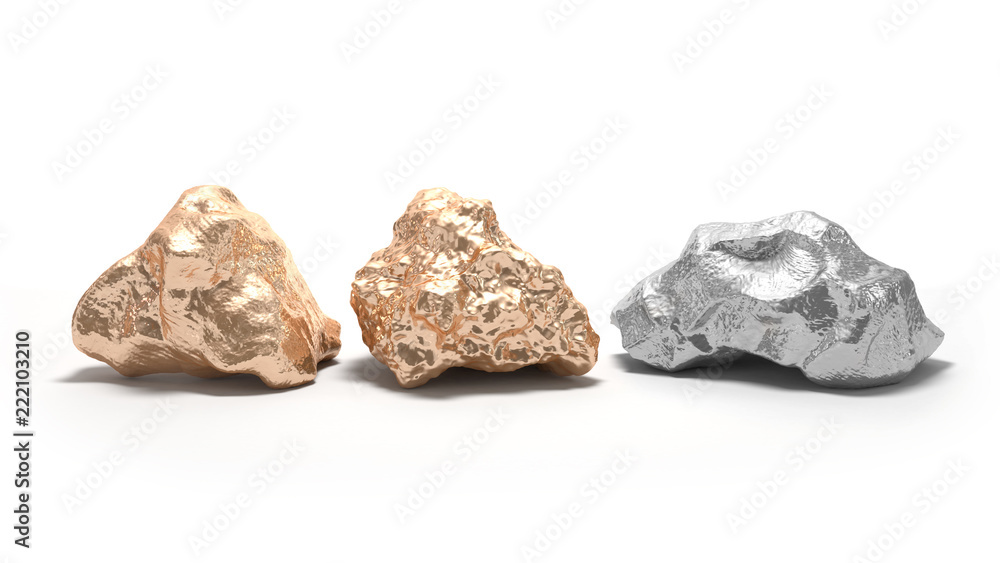Gold and silver nuggets on a white background. 3d render Gold and silver nuggets on a white background. 3d render