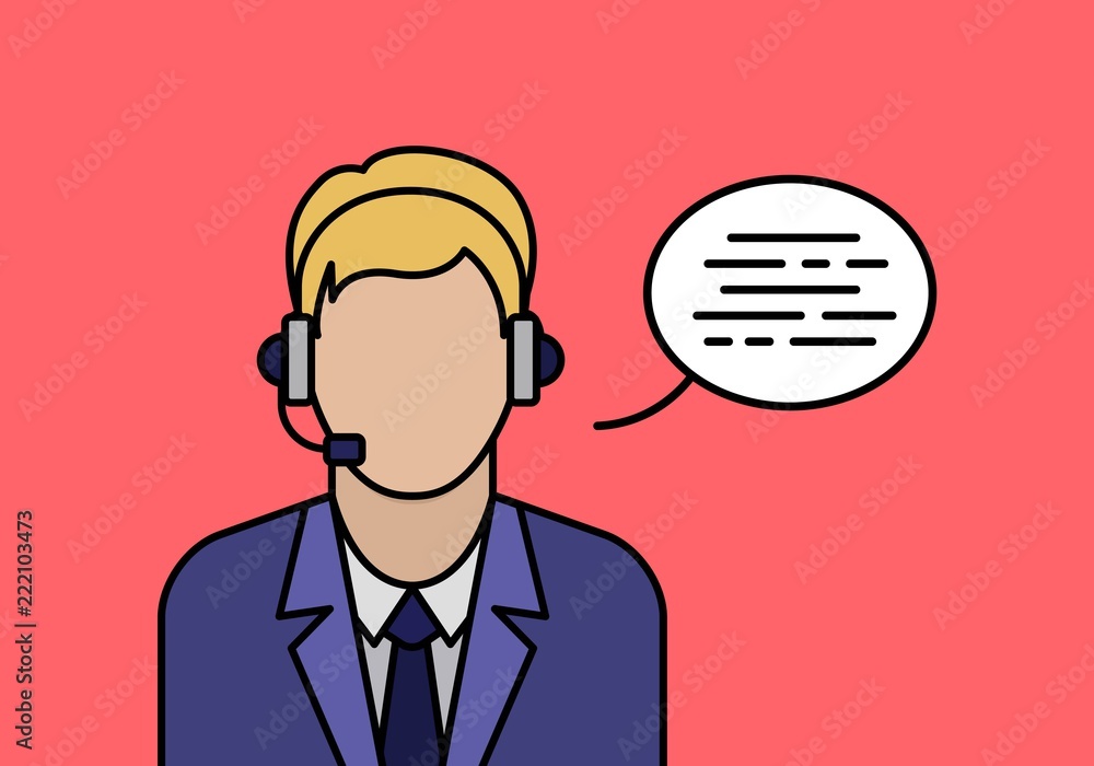 Support phone operator in headset banner. Online assistance outline concept. Male operator in call center advertising. Phone consultation service and telemarketing company vector illustration.