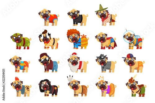 Cute funny pug dog character in colorful funny costumes set  vector Illustrations