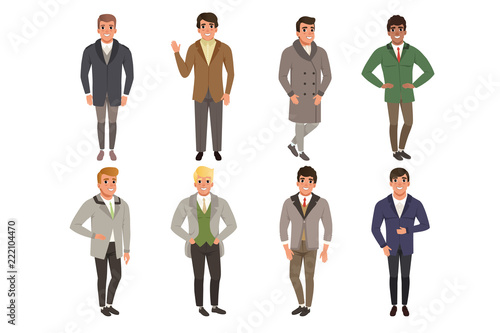 Young men wearing vintage clothing set, retro fashion people from 50s and 60s vector Illustrations