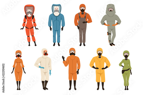 Protective suits set, different protective uniform equipment vector Illustrations isolated on a white background