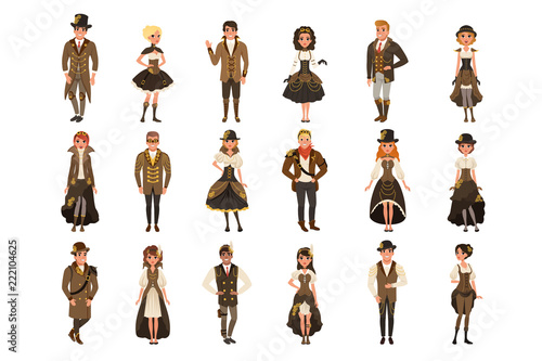 People dressed in historic clothes, man and woman wearing brown fantasy costume set vector Illustrations on a white background