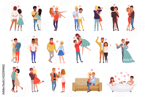 Young men and women characters in love hugging set, happy romantic loving couples cartoon vector Illustrations