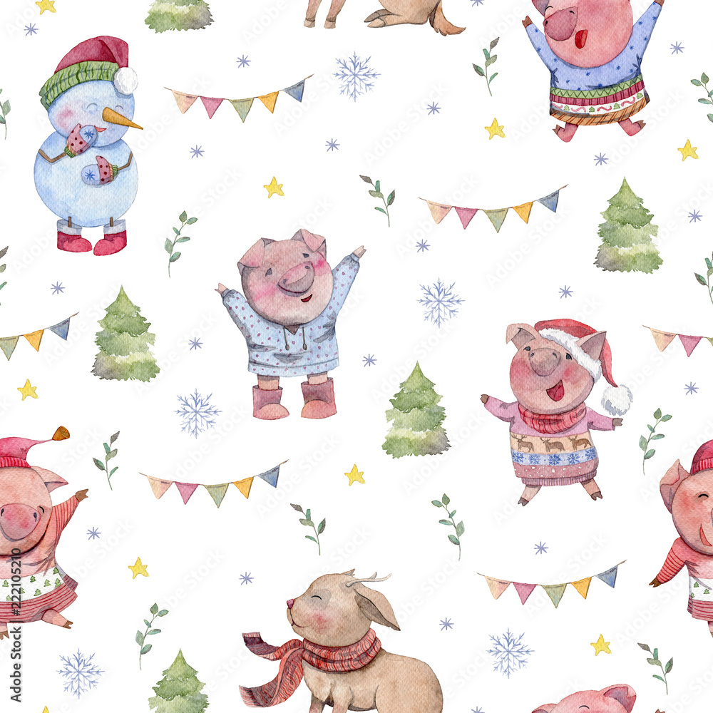 Obraz Seamless pattern with cute pigs, reindee and snowman. Funny cartoon characters. Merry chrismas and Happy New Year. Chinese symbol of the 2019 year. Watercolor illustration.