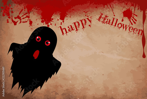 Ghost silhouette with red eyes on bloody grunge background with