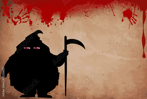 Executor silhouette with predatory screwed up red  eyes on blood