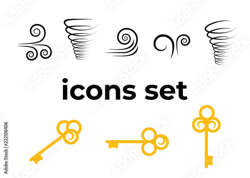 Vector icons set. Air and key icon. Name tag and film roll vector set icons