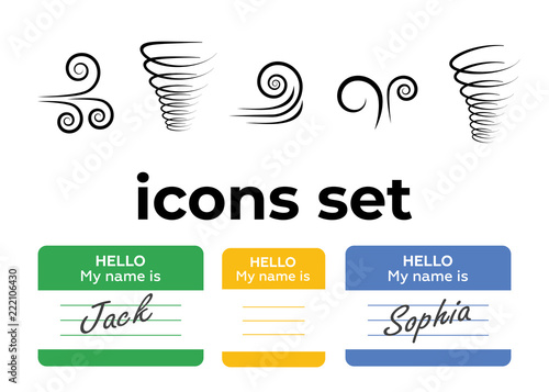 Vector icons set. Air and key icon. Name tag and film roll vector set icons
