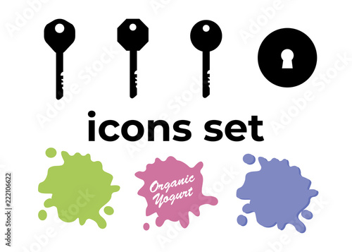 Vector icons set. Air and key icon. Name tag and film roll vector set icons