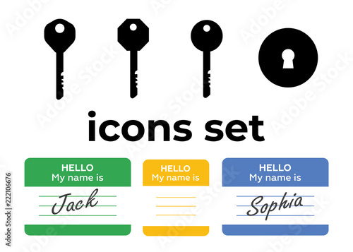 Vector icons set. Air and key icon. Name tag and film roll vector set icons