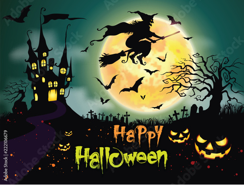 Happy Halloween background with pumpkin and dark castle under the moonlight.- Vector illustration
