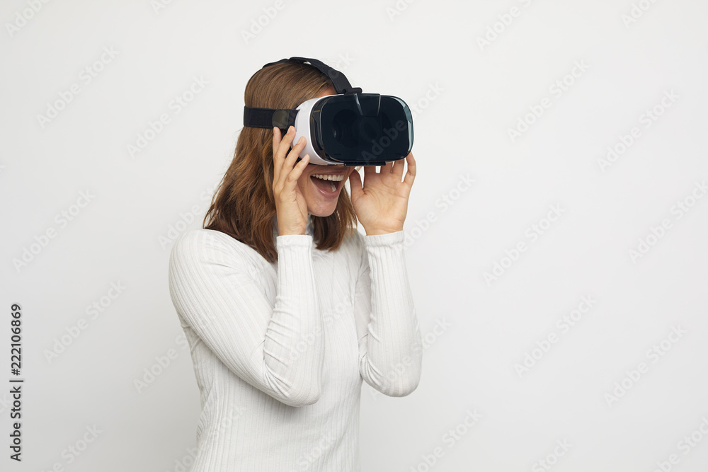 young happy woman with VR glasses young happy woman with VR glasses