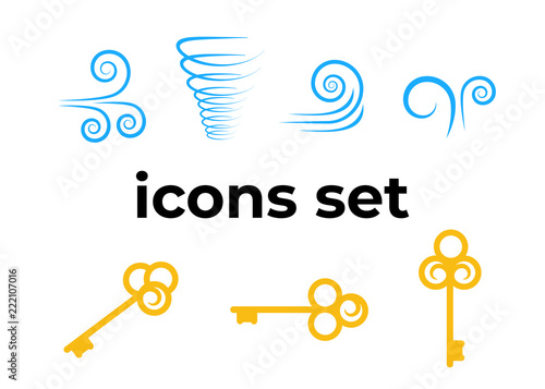 Vector icons set. Air and key icon. Name tag and film roll vector set icons