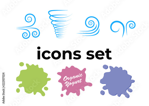 Vector icons set. Air and key icon. Name tag and film roll vector set icons