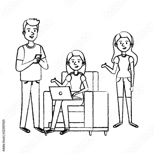 young woman at sofa with laptop and companions