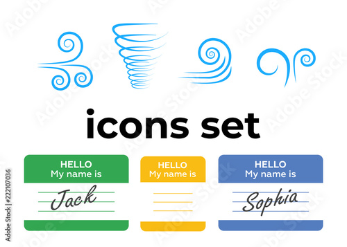 Vector icons set. Air and key icon. Name tag and film roll vector set icons