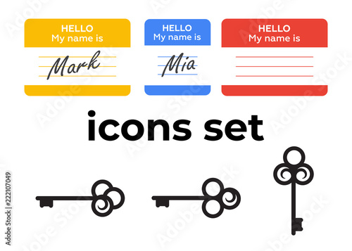 Vector icons set. Air and key icon. Name tag and film roll vector set icons