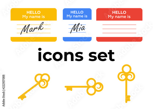 Vector icons set. Air and key icon. Name tag and film roll vector set icons