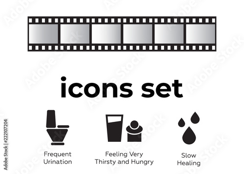 Vector icons set. Air and key icon. Name tag and film roll vector set icons