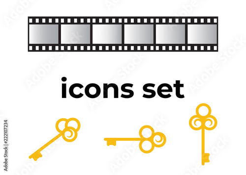 Vector icons set. Air and key icon. Name tag and film roll vector set icons