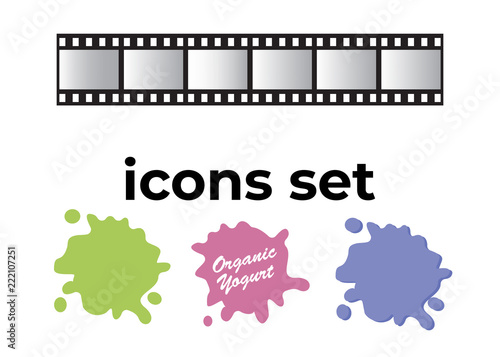 Vector icons set. Air and key icon. Name tag and film roll vector set icons