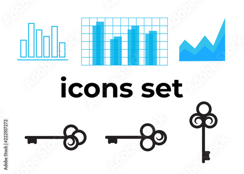 Vector icons set. Air and key icon. Name tag and film roll vector set icons