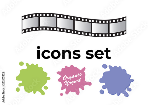 Vector icons set. Air and key icon. Name tag and film roll vector set icons