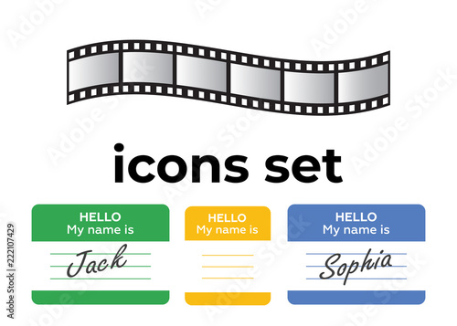 Vector icons set. Air and key icon. Name tag and film roll vector set icons