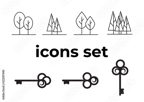 Vector icons set. Air and key icon. Name tag and film roll vector set icons
