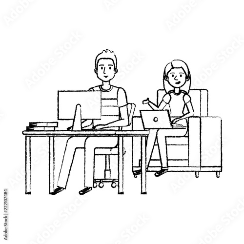 couple working in the office and sofa