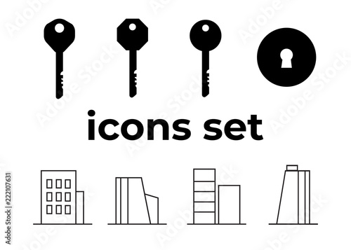 Vector icons set. Air and key icon. Name tag and film roll vector set icons
