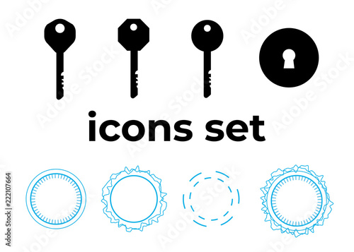 Vector icons set. Air and key icon. Name tag and film roll vector set icons