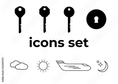 Vector icons set. Air and key icon. Name tag and film roll vector set icons