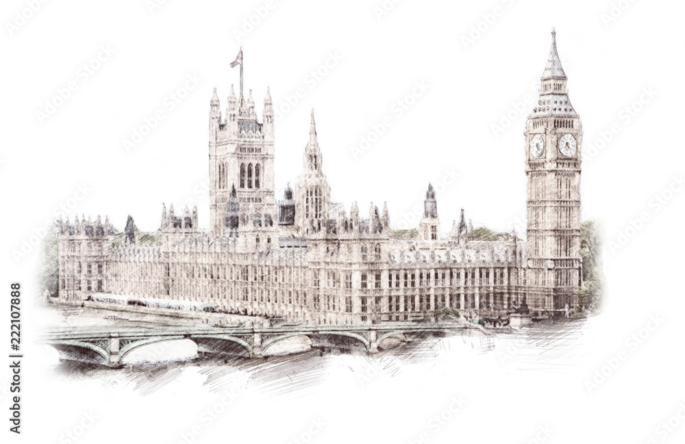 Big Ben, London, England, UK. Hand Drawn Illustration. Isolated on white background. Historical showplace for print, souvenirs, postcards, t-shirts, decoration, picture
