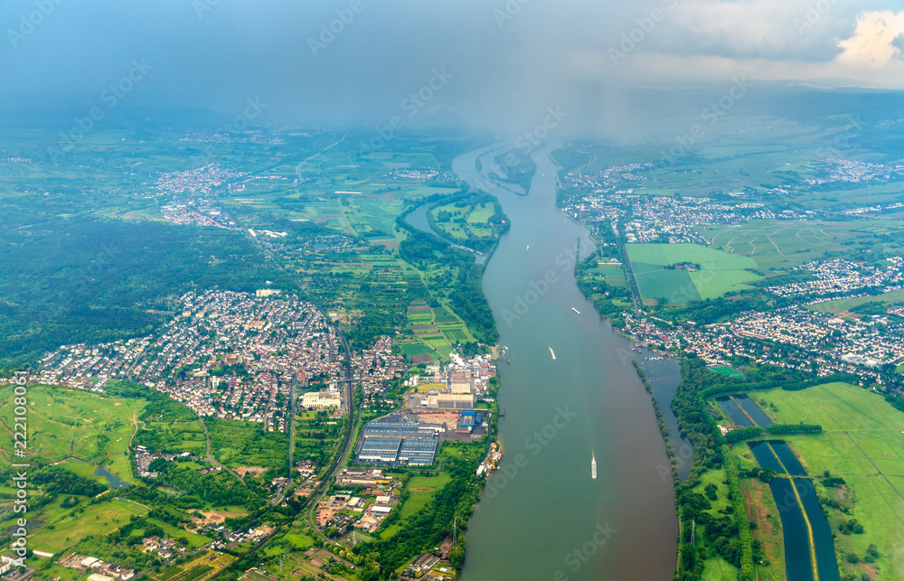 Aerial view of the Rhine River near Mainz in Germany Aerial view of the Rhine River near Mainz in Germany