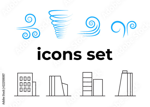 Vector icons set. Air and key icon. Name tag and film roll vector set icons