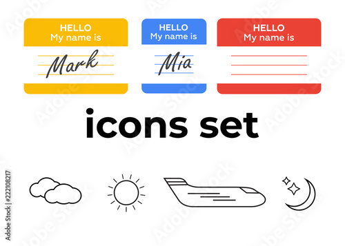 Vector icons set. Air and key icon. Name tag and film roll vector set icons