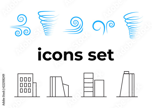 Vector icons set. Air and key icon. Name tag and film roll vector set icons