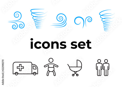 Vector icons set. Air and key icon. Name tag and film roll vector set icons