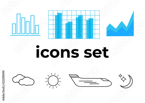 Vector icons set. Air and key icon. Name tag and film roll vector set icons
