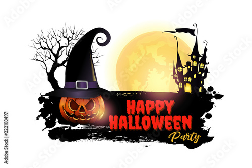 Halloween pumpkins and dark castle on full Moon background,Happy Halloween message design illustration.