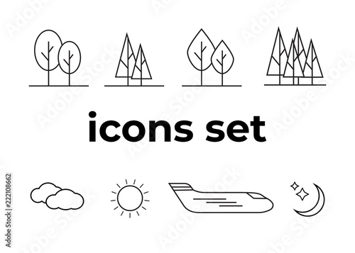 Vector icons set. Air and key icon. Name tag and film roll vector set icons