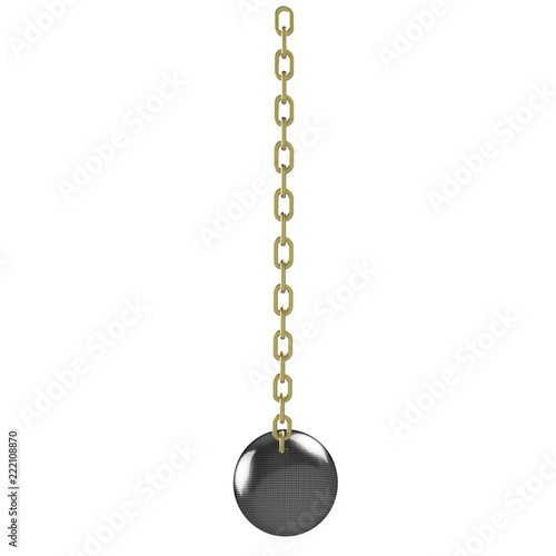 Wrecking ball with gold chain, 3d illustration. Isolated on white background.