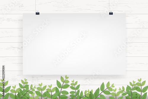 White paper poster hanging on white wooden wall background. Vector.