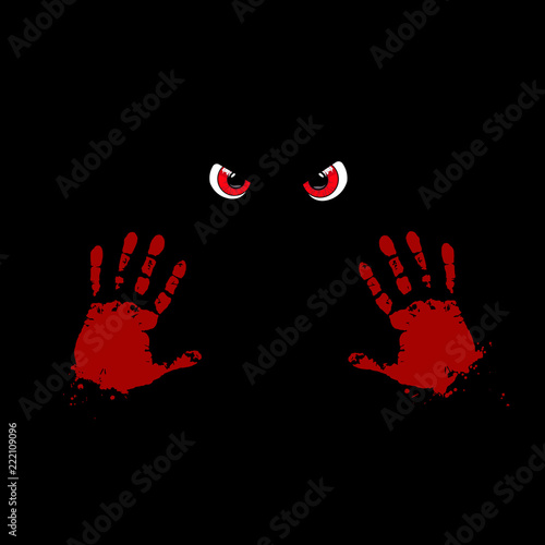 Bloody hand prints and red monster eyes on black background. Vec
