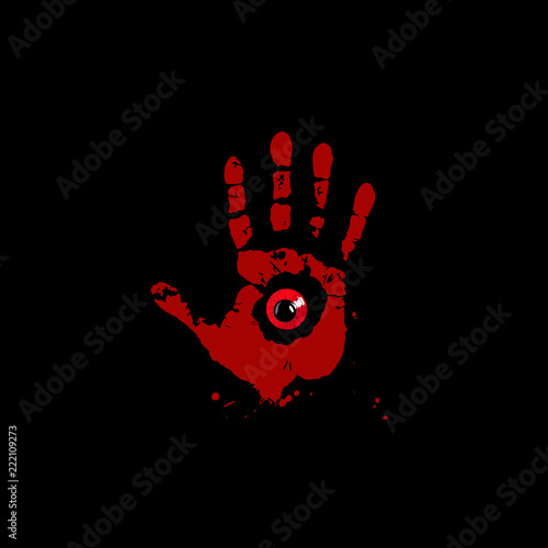 Bloody hand print with red monster eye inside isolated on black