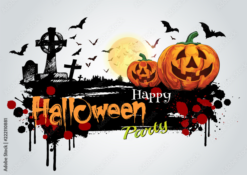 Halloween pumpkins and dark castle on full Moon background,Happy Halloween message design illustration. 