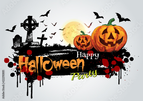 Halloween pumpkins and dark castle on full Moon background Happy Halloween message design illustration. 